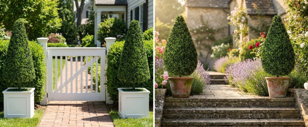 A pair of artificial boxwood cones in square white planters either side of a garden gate in a clipped hedge, and a pair of artificial boxwood teardrop topiaries in terracotta pots at the top of stone garden steps.