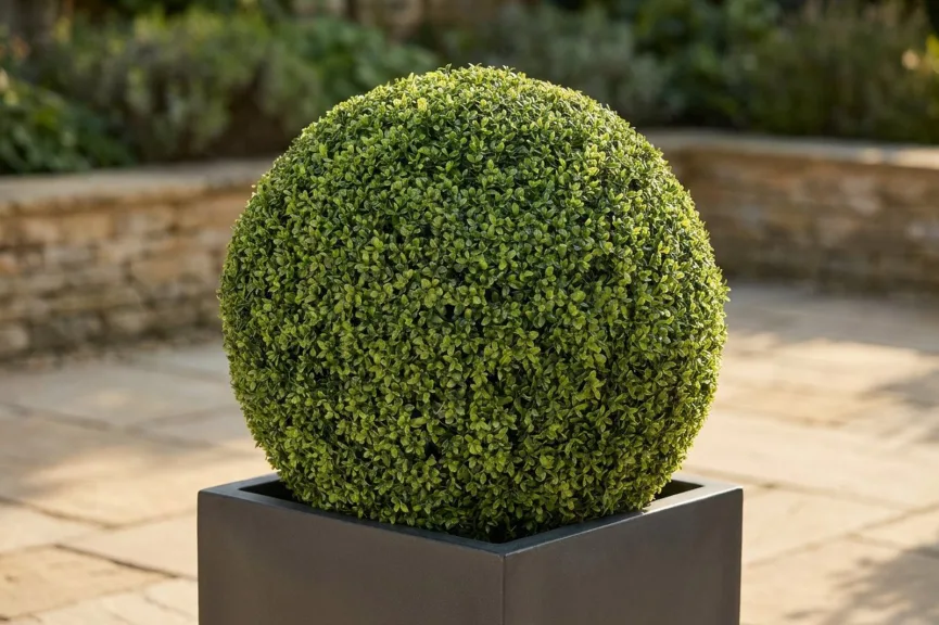 A close view of an artificial boxwood ball in a charcoal planter on a sunny stone terrace, showing lighter tips, deeper green older leaves and fine stems between them.