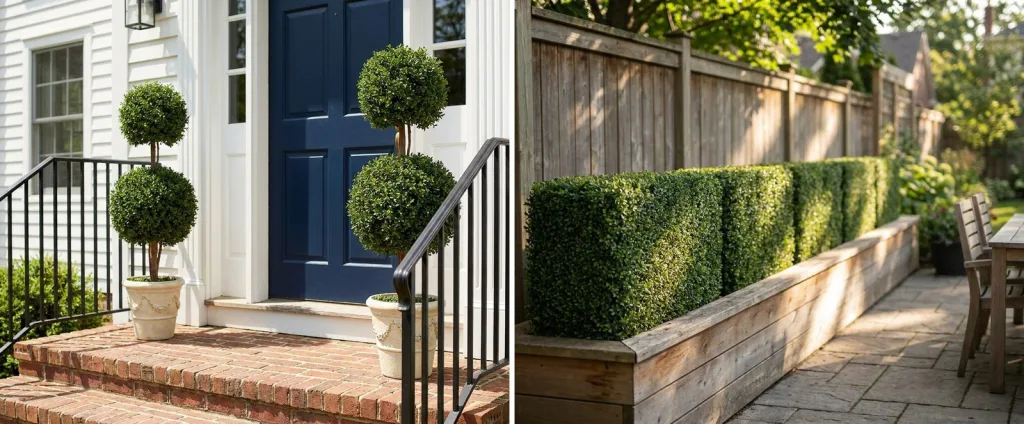 A pair of artificial double ball boxwood topiaries in cream urns by the navy door of a white colonial house, and artificial boxwood hedges on a raised cedar planter along a backyard patio.