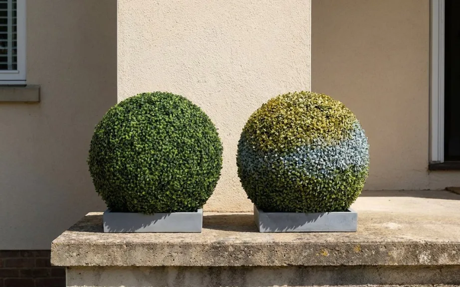 Two artificial boxwood balls on a sunny front step, one new and even green, the other faded to yellow and blue-gray on its top and sunny side.