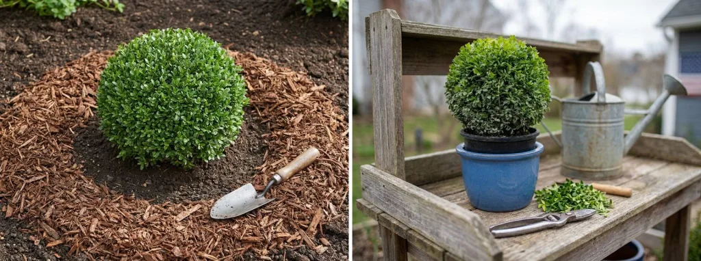 A boxwood ball in a garden bed with a flat ring of bark mulch kept clear of the stems and a trowel beside it, and a small boxwood ball on a potting bench with hand shears and fresh clippings.