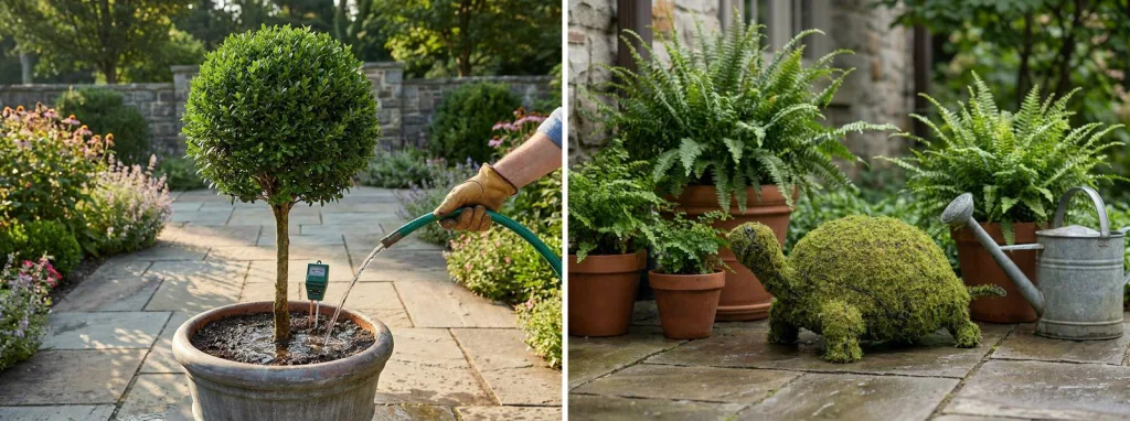A gloved hand watering a boxwood ball on a stem in a large pot slowly at the base with a hose, and a mossed turtle topiary among potted ferns on a stone patio with a watering can.