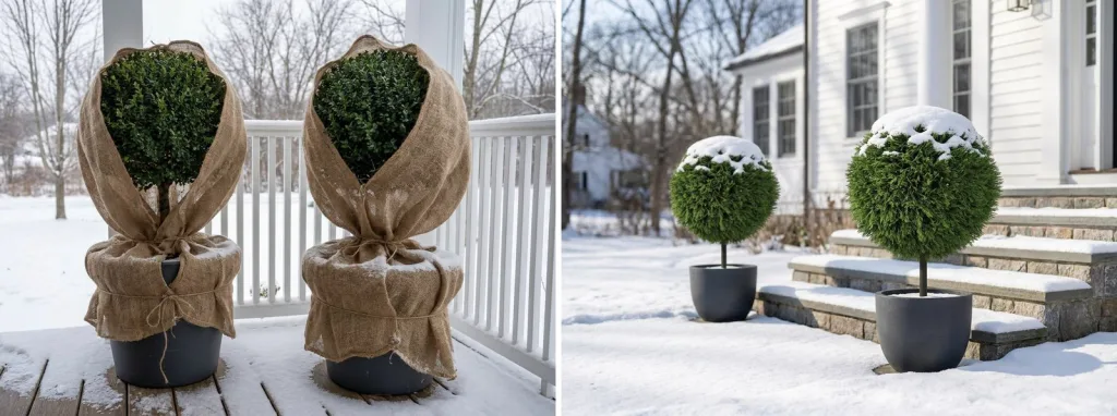 Two boxwood topiaries on a snowy porch loosely wrapped in burlap, and a pair of boxwood balls on stems in gray pots by snowy front steps.