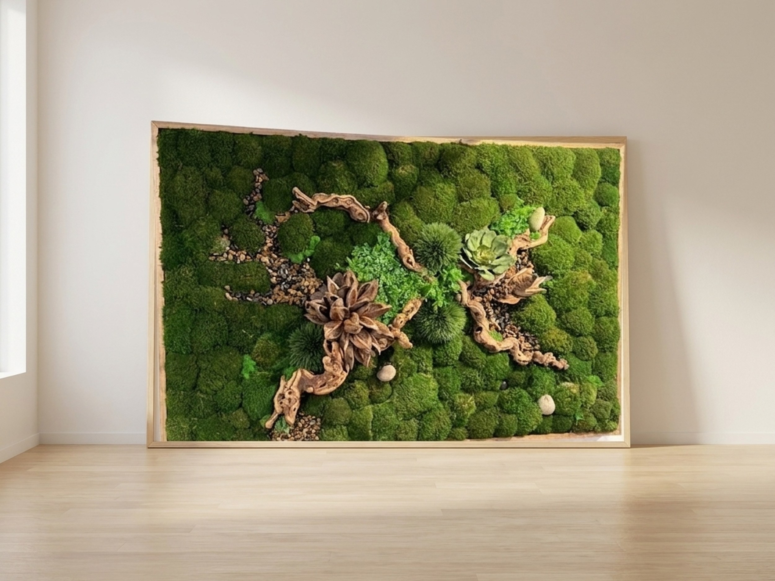 18x30 Wood Frame with Preserved Moss and Driftwood