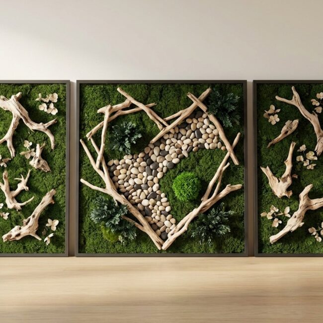3-Piece Living Wall Art with Moss and Sticks