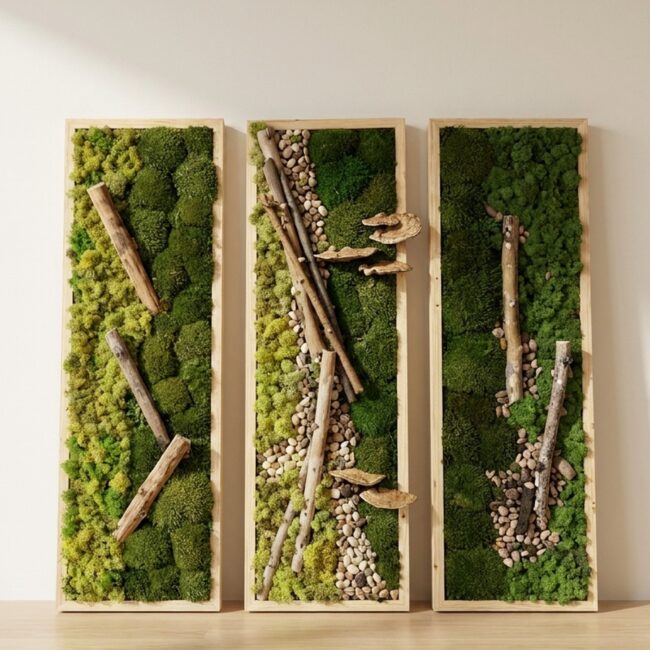 Driftwood and Preserved Moss Wall Art, 3-Piece Set, 12 x 36 In