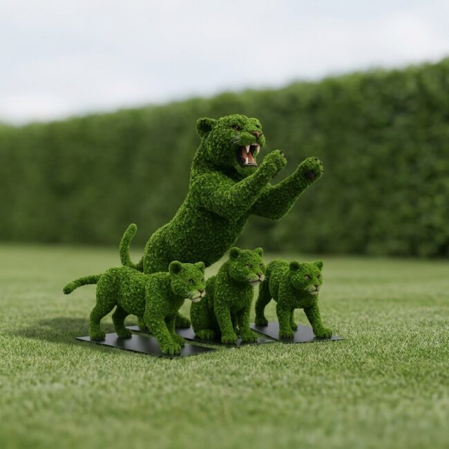 9 Foot Rearing Tiger Topiary with 3 Cubs