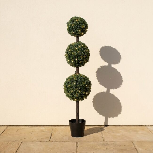 Artificial Triple Ball Pine Topiary with Lights, 5 ft