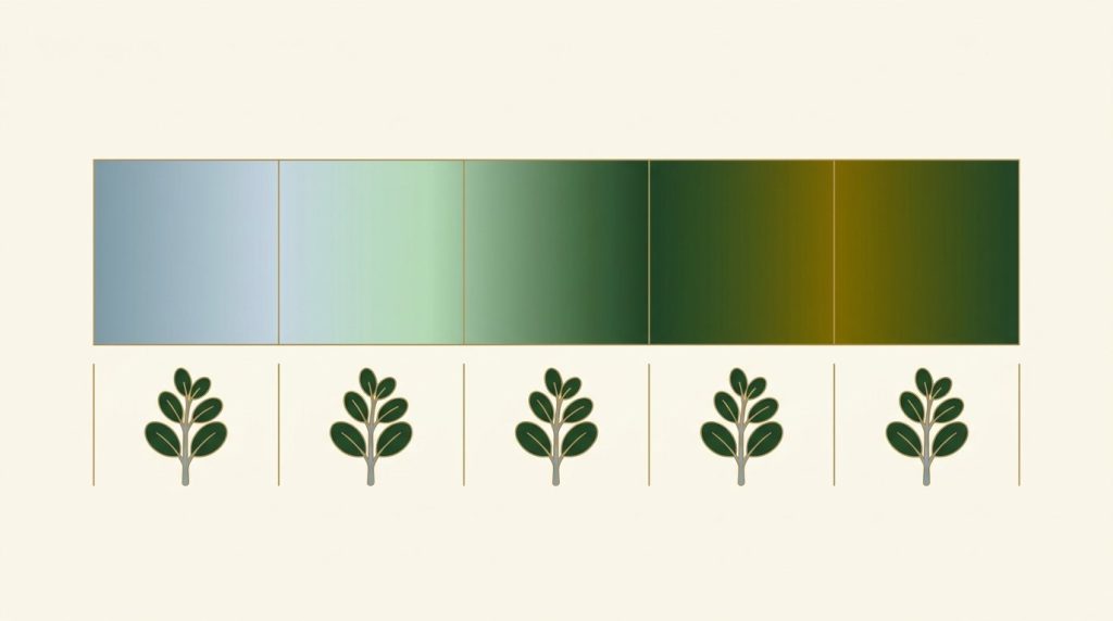A horizontal band diagram shading from cool blue-grey to deep green, indicating colder to milder USDA zones