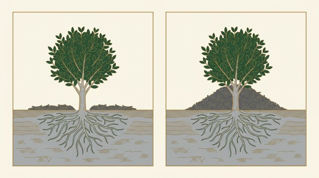 Two planting cross-sections: mulch in a shallow ring clear of the trunk on the left, and mulch wrongly piled against the trunk on the right