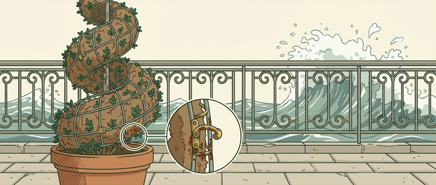 Spiral topiary on a seaside terrace with a rust spot forming at the frame base
