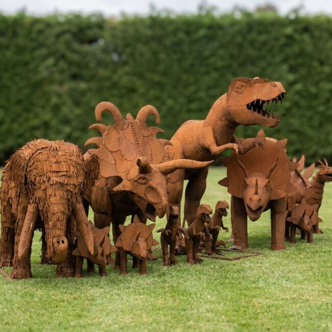 Family of Dinosaurs and T-Rex, Scrap Metal Sculpture