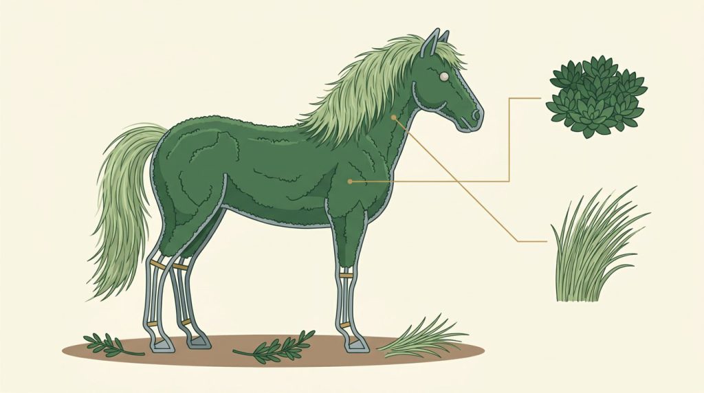 Planting plan for a horse topiary: low sedum for the coat, ornamental grass for the mane and tail, a stone for the eye