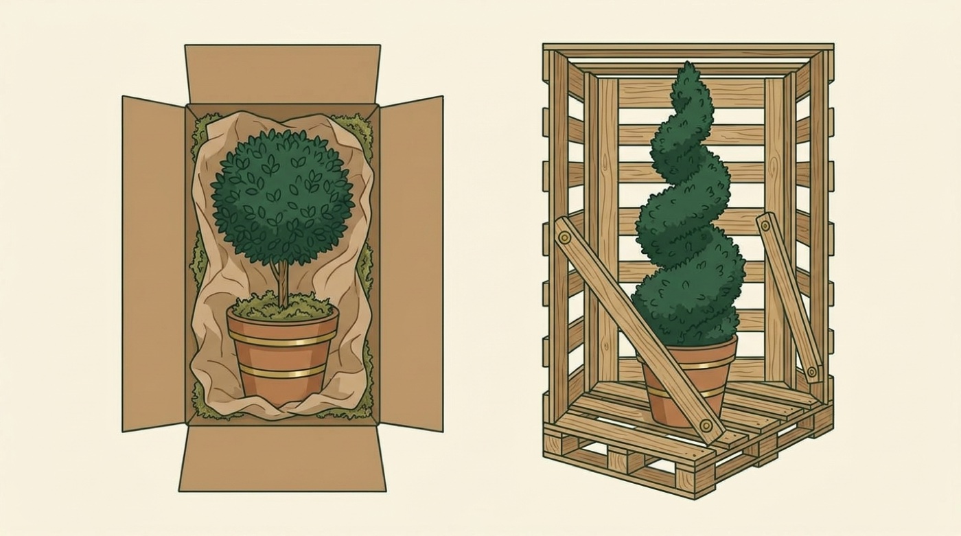 How topiary ships: a small potted piece packed in a box, and a tall spiral braced upright in a crate on a pallet