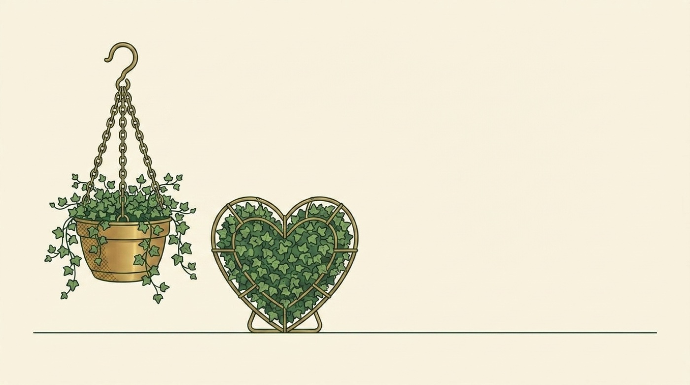 Hanging live ivy topiary with a small heart-form ivy beside it