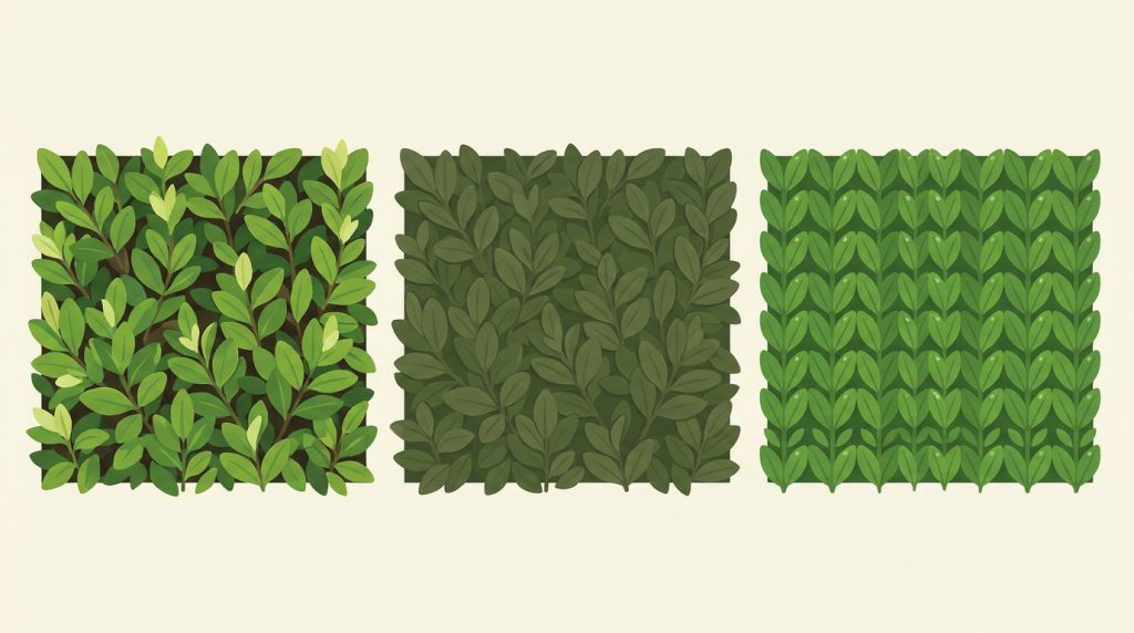 Three foliage texture studies side by side: varied fresh-green live boxwood, uniform matte preserved boxwood, and regularly patterned artificial boxwood