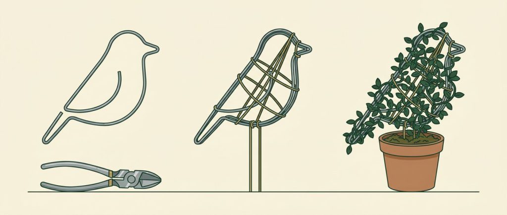 Three steps to build a wire topiary form: bend the outline, brace it into a cage, train a vine over it