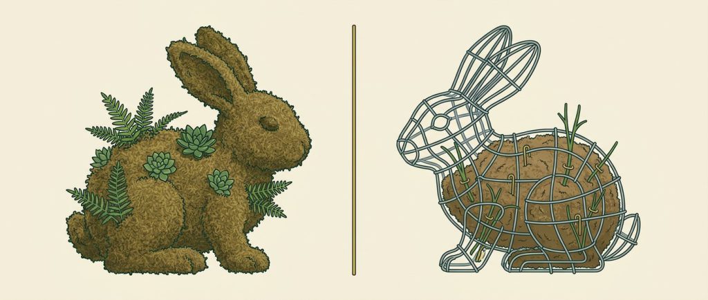 A mossed rabbit topiary beside the same rabbit as bare frame with packed moss and pins