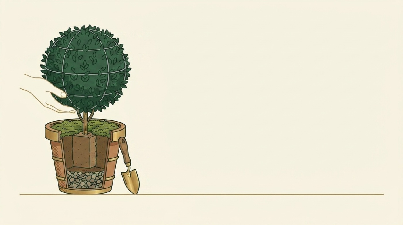Cutaway of an artificial topiary potted with foam, gravel and moss dressing