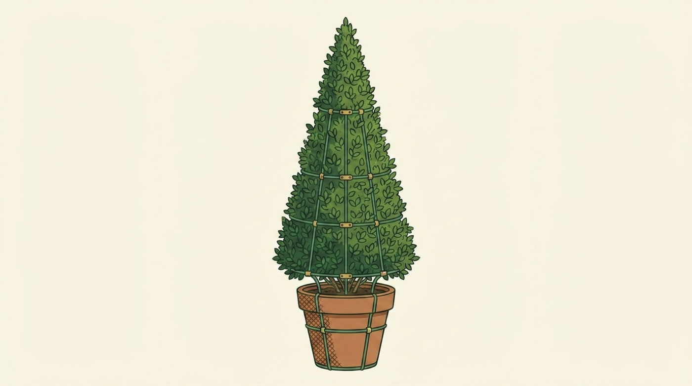 Clipped boxwood cone topiary