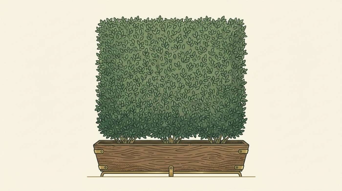 Clipped boxwood hedge screen panel in a trough planter