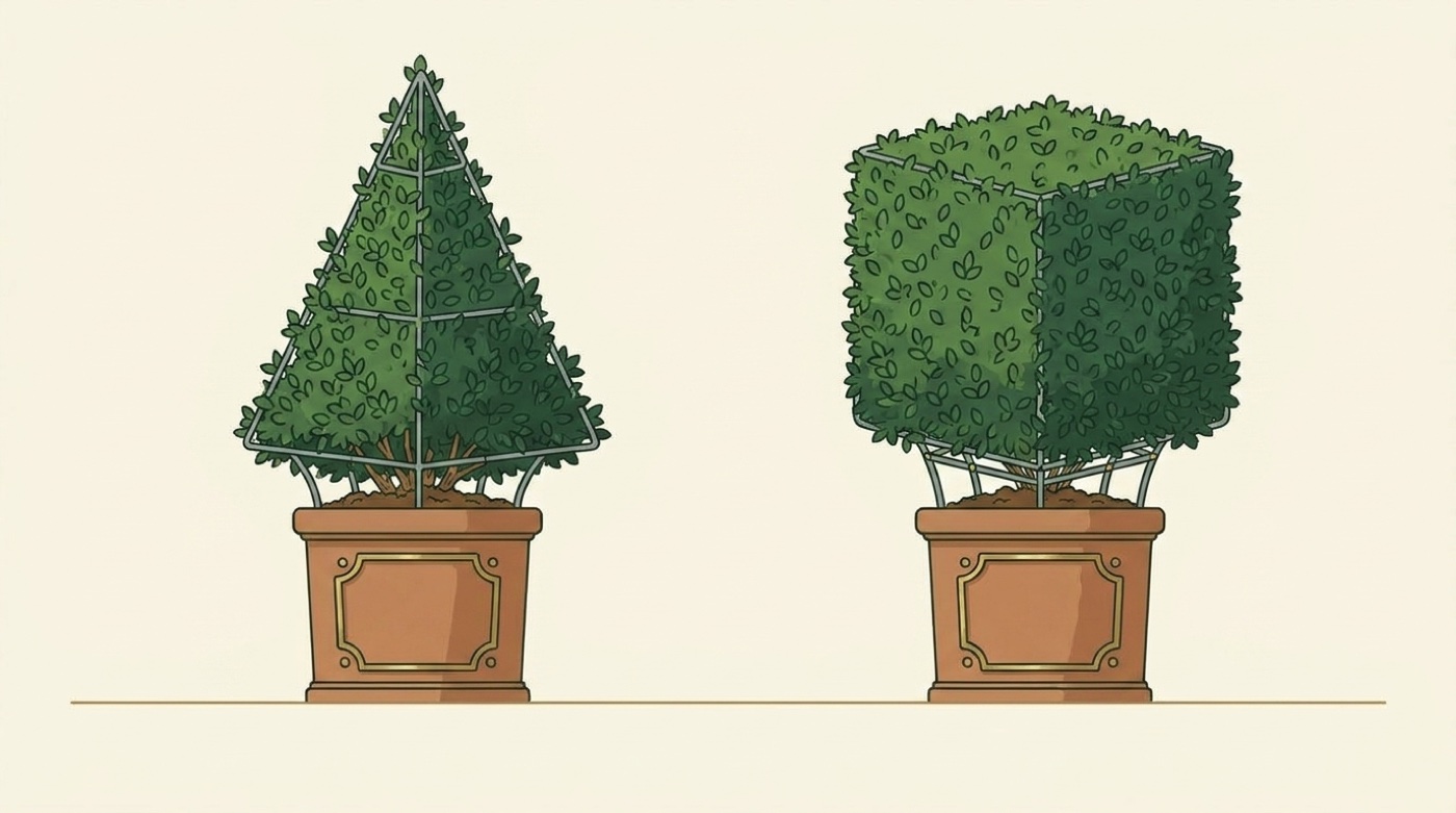 Boxwood pyramid and cube topiary in square planters