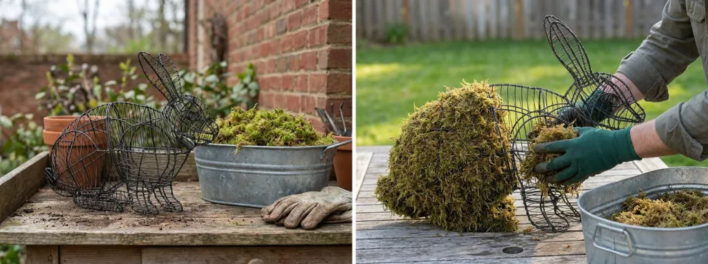 A bare wire hopping rabbit frame on a potting table beside a tub of moss and gloves, and gloved hands packing damp moss into a wire rabbit frame on a patio table.