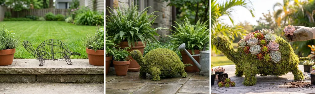 A bare wire turtle frame on a stone step between potted herbs, a mossed turtle among potted ferns on a patio, and a turtle frame shell planted with succulents on a patio table.