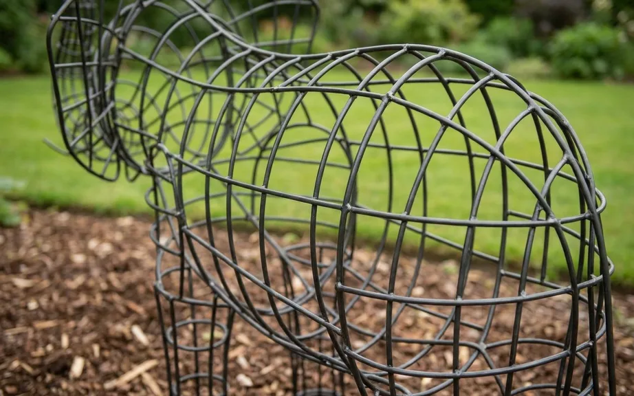 A close-up of a bare steel rod topiary frame in a garden bed, showing the small welded joints where the rods cross.