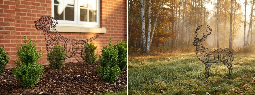 A bare wire Labrador frame among young boxwood in a bed by a brick house, and a bare wire deer frame on a lawn at the edge of woods.