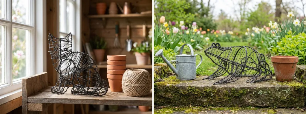 A bare wire sitting kitten frame on a sunny shelf with terracotta pots, and a bare wire frog frame on a mossy stone step with a watering can.