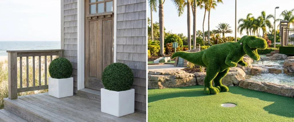 A pair of artificial boxwood balls in white planters on the porch of a gray-shingled beach house with dunes and ocean behind, and a turf-covered dinosaur topiary beside a water feature on a putting green lined with palms.
