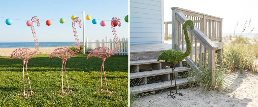 Three pink powder-coated wire flamingo topiary frames on a seaside lawn with the ocean behind, and a mossed flamingo topiary beside the wooden steps of a beach house.