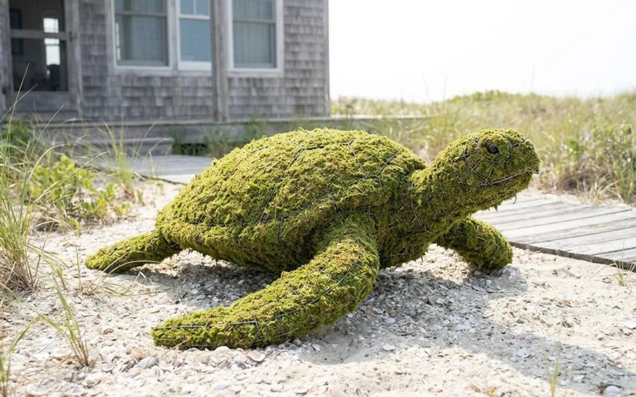 A mossed sea turtle topiary on pale sand among dune grass beside a beach boardwalk.