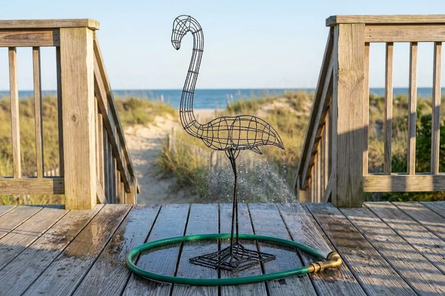 A bare black wire flamingo topiary frame on the wooden deck of a beach house, being rinsed by a gentle spray of fresh water from a garden hose, with dunes and the ocean behind.