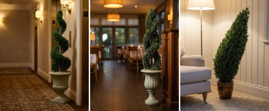 An artificial spiral in a stone urn in a hotel corridor beside an elevator, an artificial double spiral cypress by the host stand of a restaurant, and an artificial cedar cone in the corner of a living room.