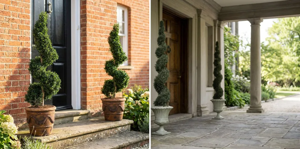 A pair of artificial spiral topiaries in terracotta urns either side of a black door on a red brick house, and a pair of tall artificial spiral cypress trees in stone urns under the columned portico of an inn.