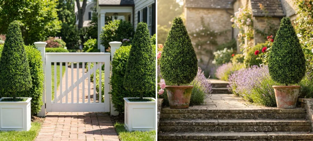 A pair of artificial boxwood cones in square white planters either side of a white garden gate in a clipped hedge, and a pair of artificial boxwood teardrops in terracotta pots at the top of stone garden steps.