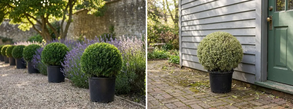 A row of boxwood balls in black pots along a gravel path edged with lavender, and a variegated boxwood ball in a black pot by a green side door.