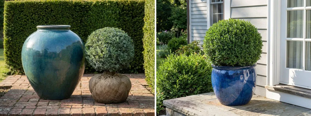 A narrow-mouthed teal glazed jar beside a boxwood ball on a burlap root ball wider than the mouth, and a boxwood ball in a wide blue glazed pot by a French door.