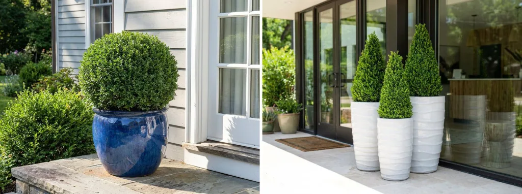 A live boxwood ball in a glossy cobalt blue glazed planter on a stone terrace by a French door, and a group of tall white glazed planters holding topiary cones by a glass entrance.