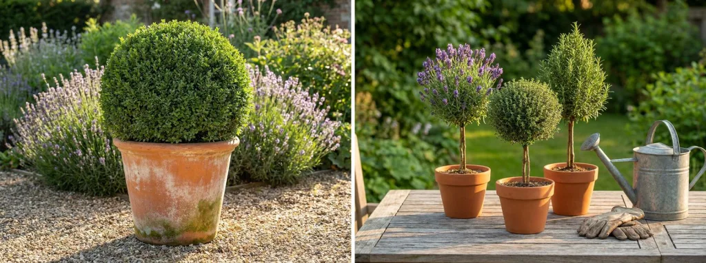 A live boxwood ball in a weathered unglazed terracotta pot with white mineral bloom and green patina on a gravel patio among lavender, and small herb topiaries in terracotta pots on a patio table.