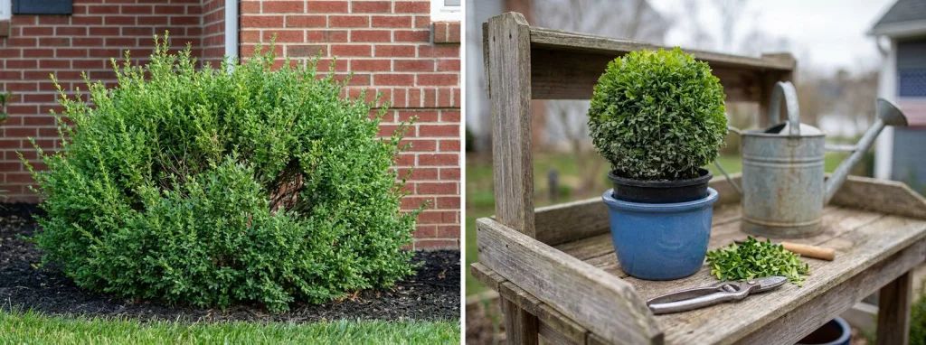 An overgrown boxwood in a front bed of a brick house with long uneven shoots all over and a lopsided outline, and a small freshly clipped boxwood ball in a blue pot on a potting bench with clippings and shears.