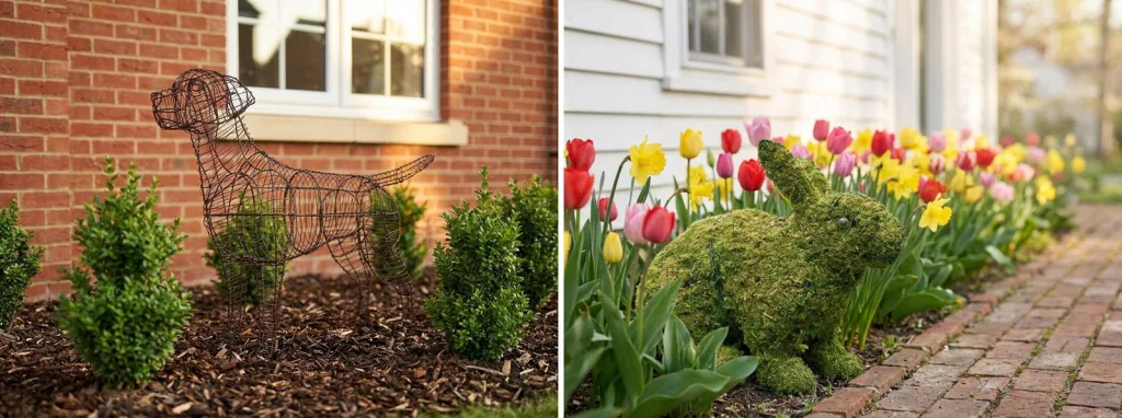 A bare wire Labrador frame in a mulched bed between small shrubs, and a mossed rabbit topiary in a spring bed of tulips.