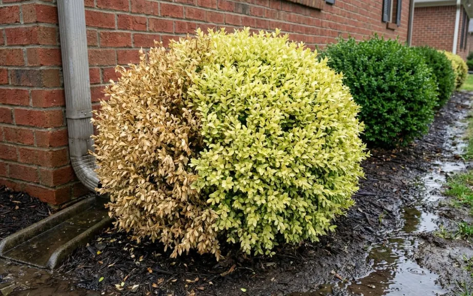 A boxwood beside a brick house under a downspout, its near side pale and straw-colored and the soil around it wet and muddy.