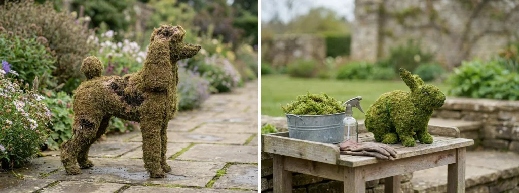 A mossed poodle topiary on a garden path with faded brownish moss and bald patches where the wire frame shows through, and a moss rabbit on a garden bench beside a tub of fresh sphagnum.