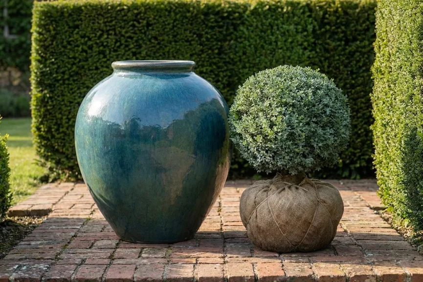 A tall teal glazed jar planter with a wide belly and a narrow mouth on a brick terrace, beside a live boxwood ball whose burlap root ball is wider than the jar's mouth.