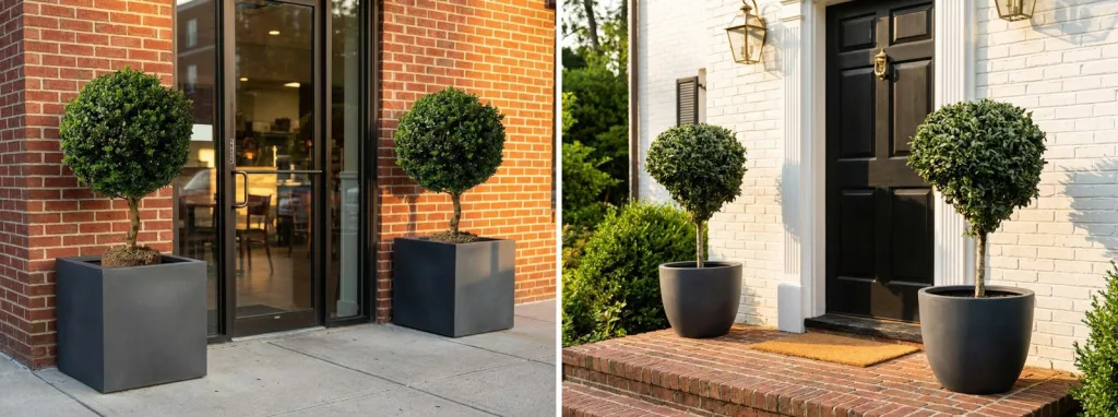 A pair of boxwood balls on stems in square charcoal planters by a glass shop door, and a pair of boxwood standards in round black pots by a black front door.