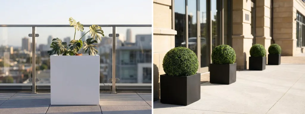 An empty white fiberglass cube planter with a leafy plant on a rooftop terrace, and a row of artificial boxwood balls in black square planters along a hotel frontage.