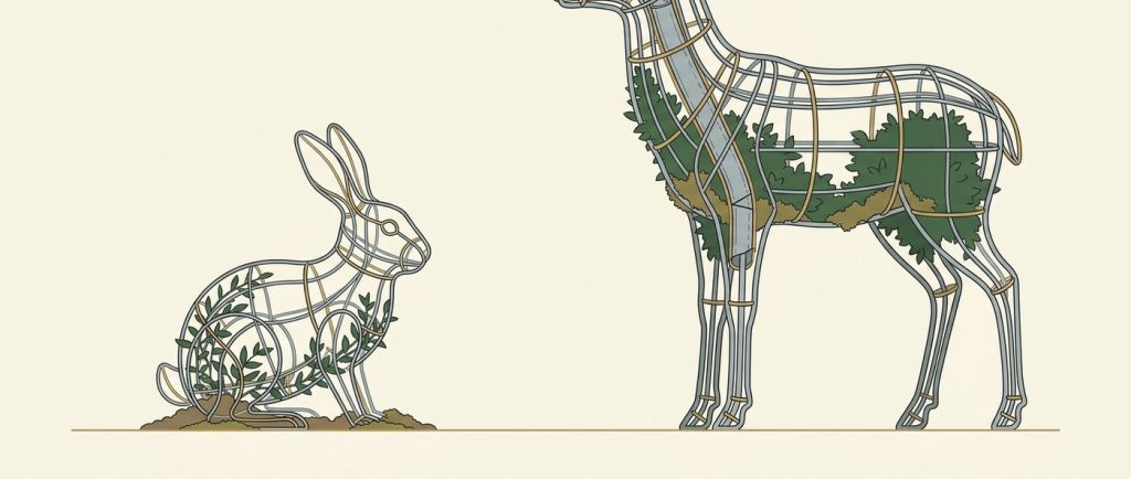 A light-duty thin-wire rabbit frame beside a heavy-duty deer frame with thick rod and internal steel tubing